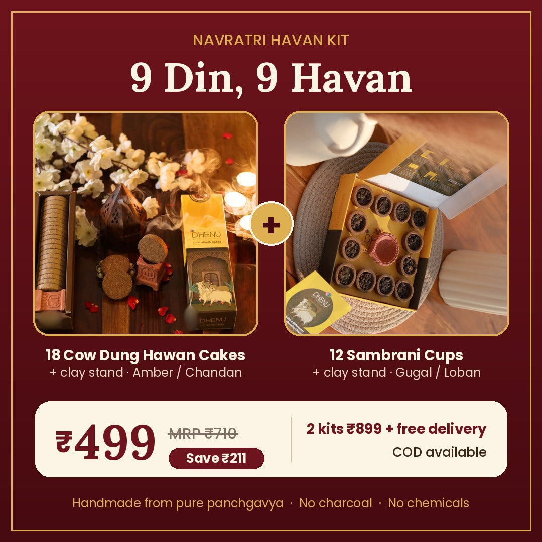 Dhenu Navratri Havan Kit ₹499 – 18 cow dung hawan cakes + 12 sambrani cups with stands