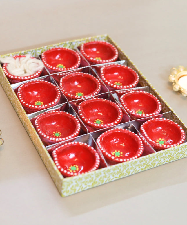 Dhenu Festive Clay Diya Set- Red