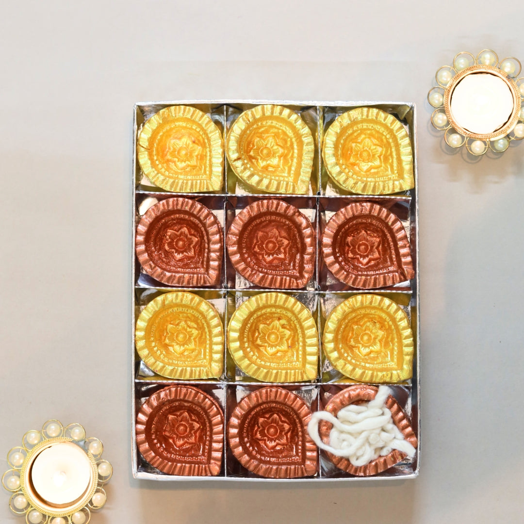 Dhenu Festive Clay Diya Set-Yellow and Brown